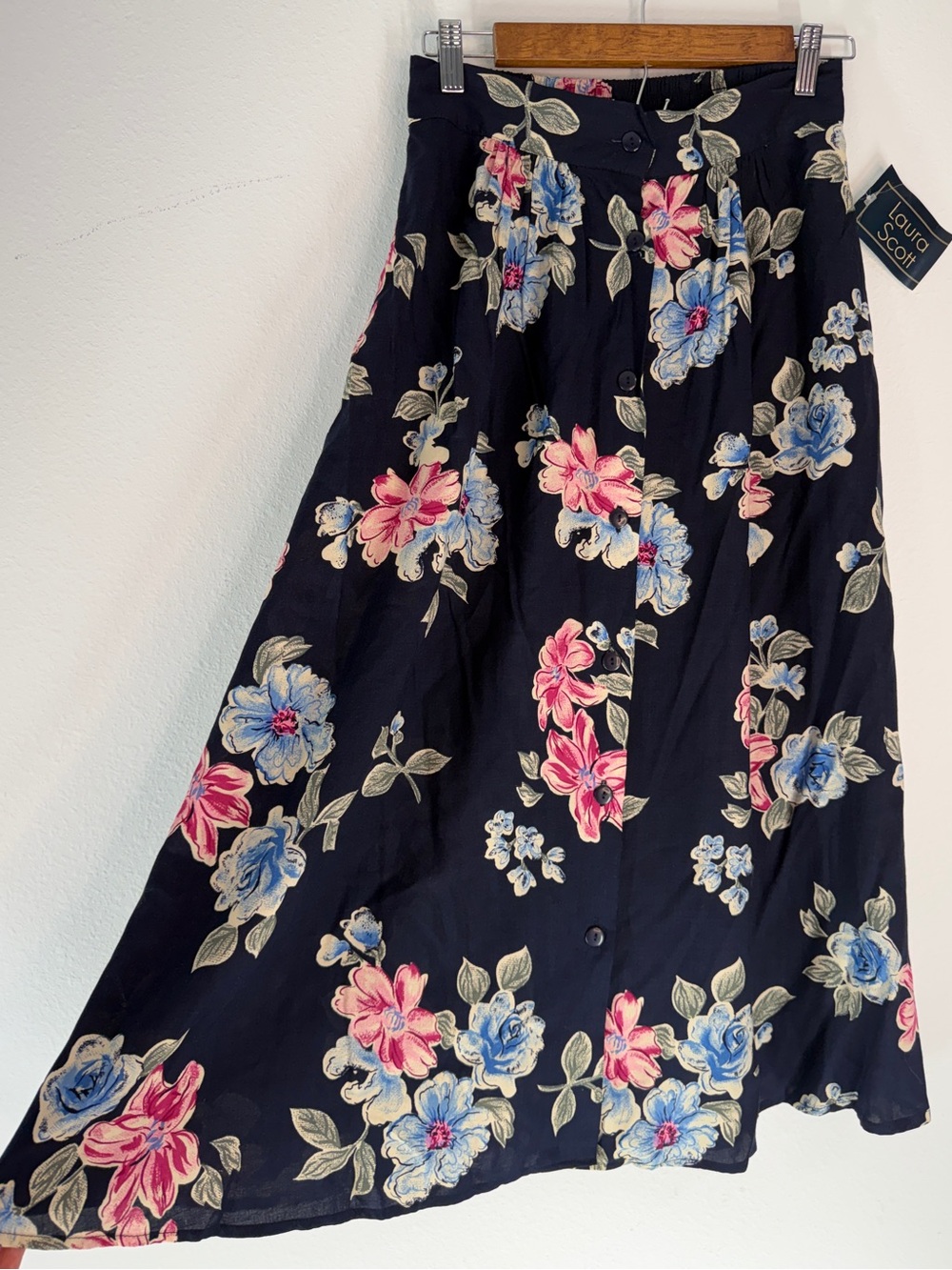 VTG 90s Laura Scott Navy Floral Midi Skirt Button Front Boho Fairy Cottage M NWT
